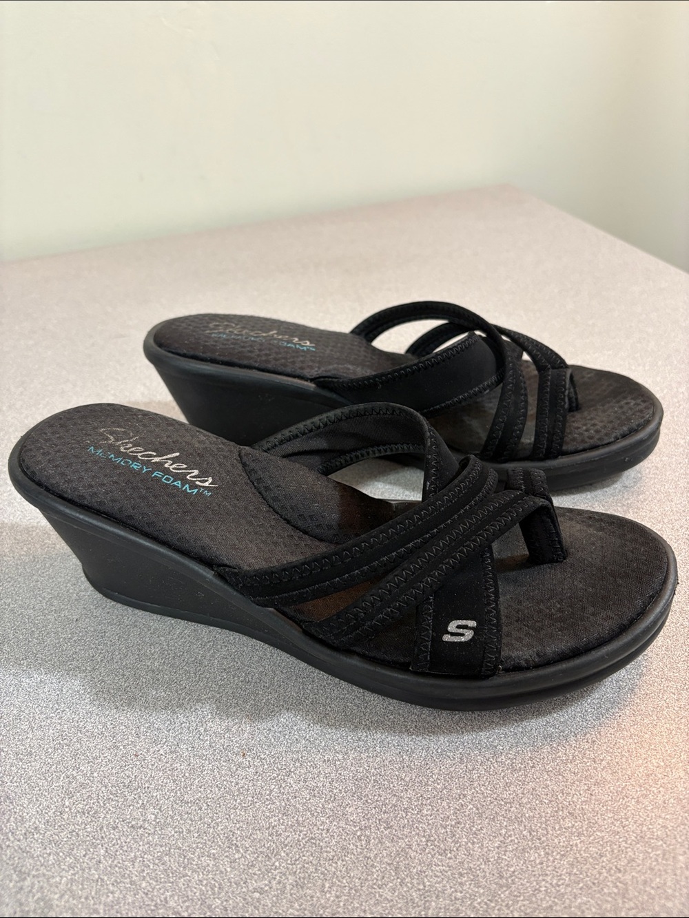 Skechers Cali Rumblers Black Slip-On Wedge Sandals